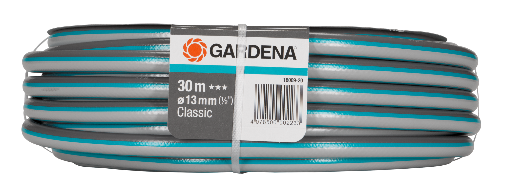 Front view of a Gardena Classic garden hose, 30 meters long with 13 mm diameter.