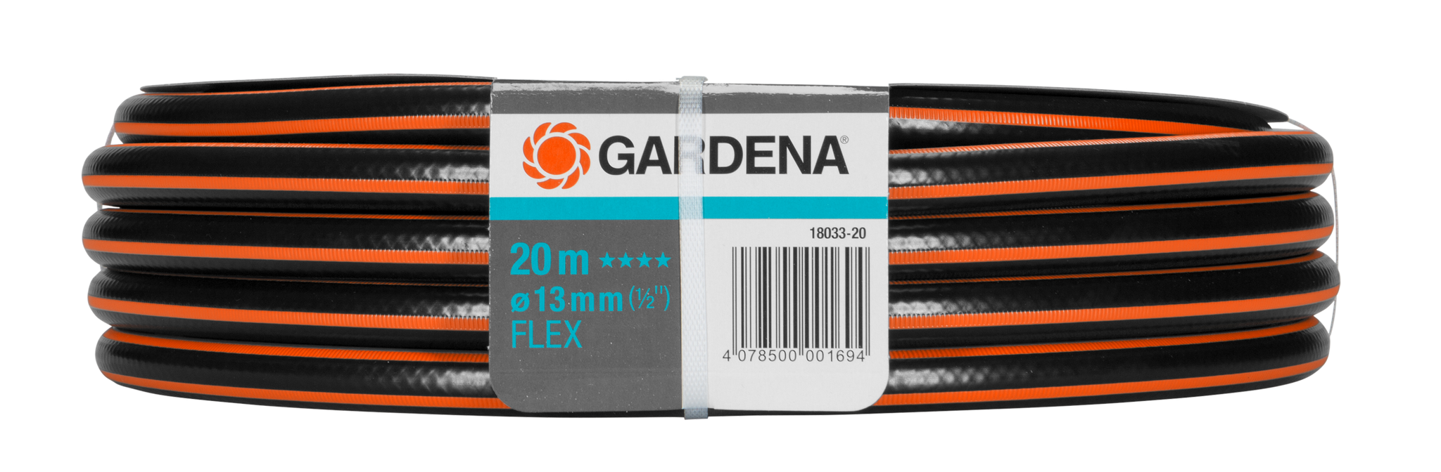 Front view of a Gardena FLEX garden hose, 20m length and 13mm diameter, with packaging label.