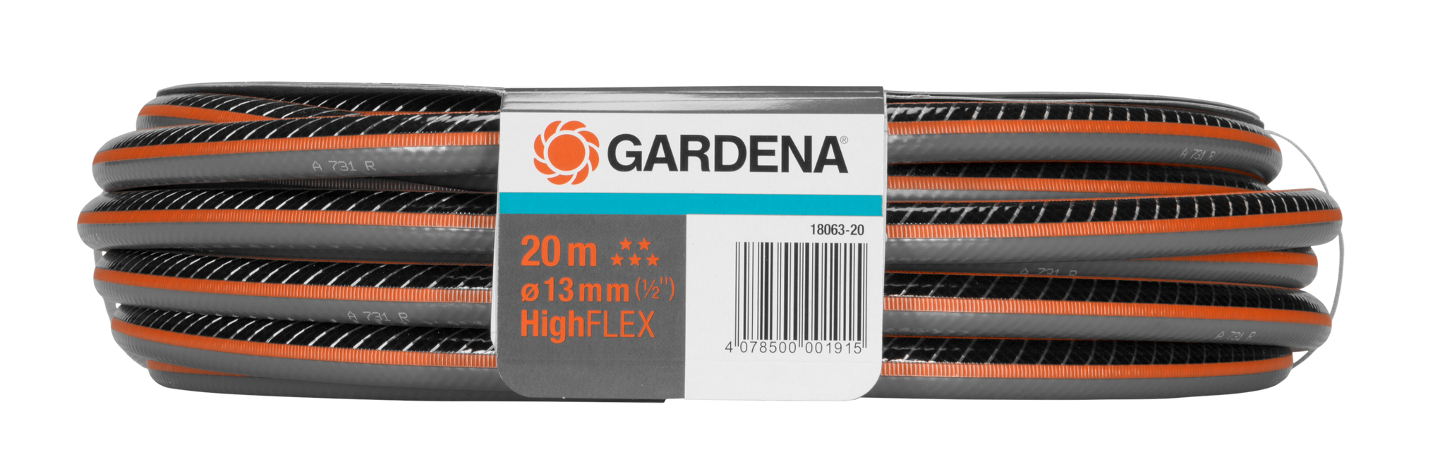 Gardena HighFLEX garden hose, 20m length and 13mm diameter, with branding visible.