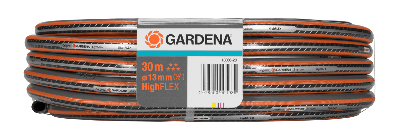 Coiled Gardena HighFLEX garden hose with specifications label.