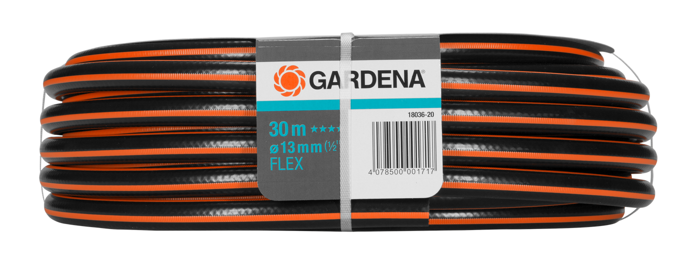 Coiled Gardena garden hose labeled with specifications, including length and diameter.