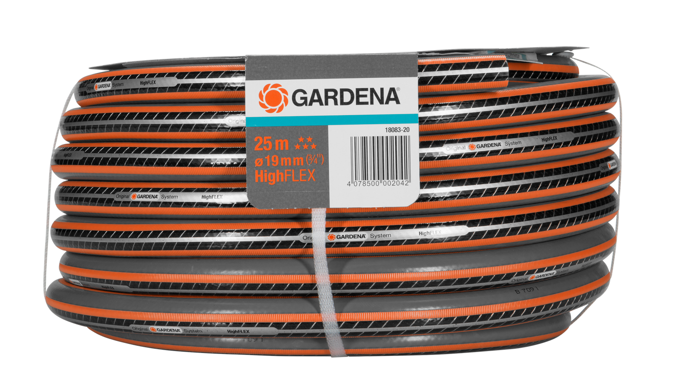 Coiled Gardena HighFLEX garden hose with product label.