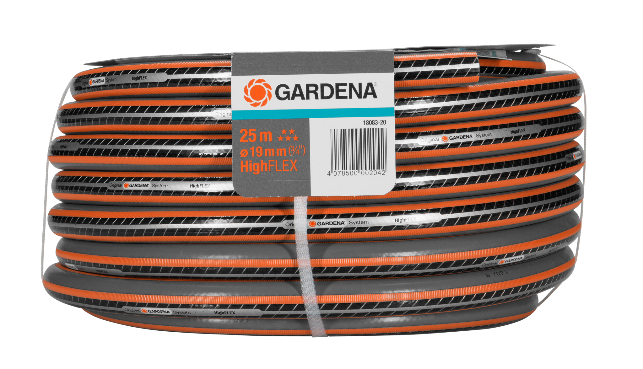 Coiled Gardena HighFLEX garden hose with product label.
