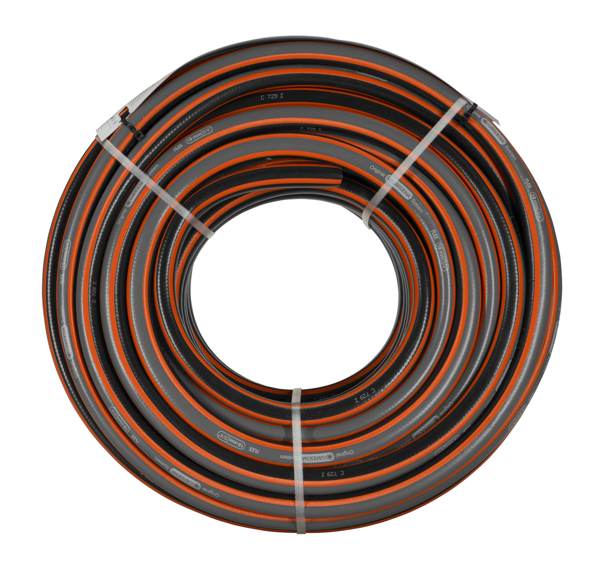 Top view of a coiled Gardena garden hose.