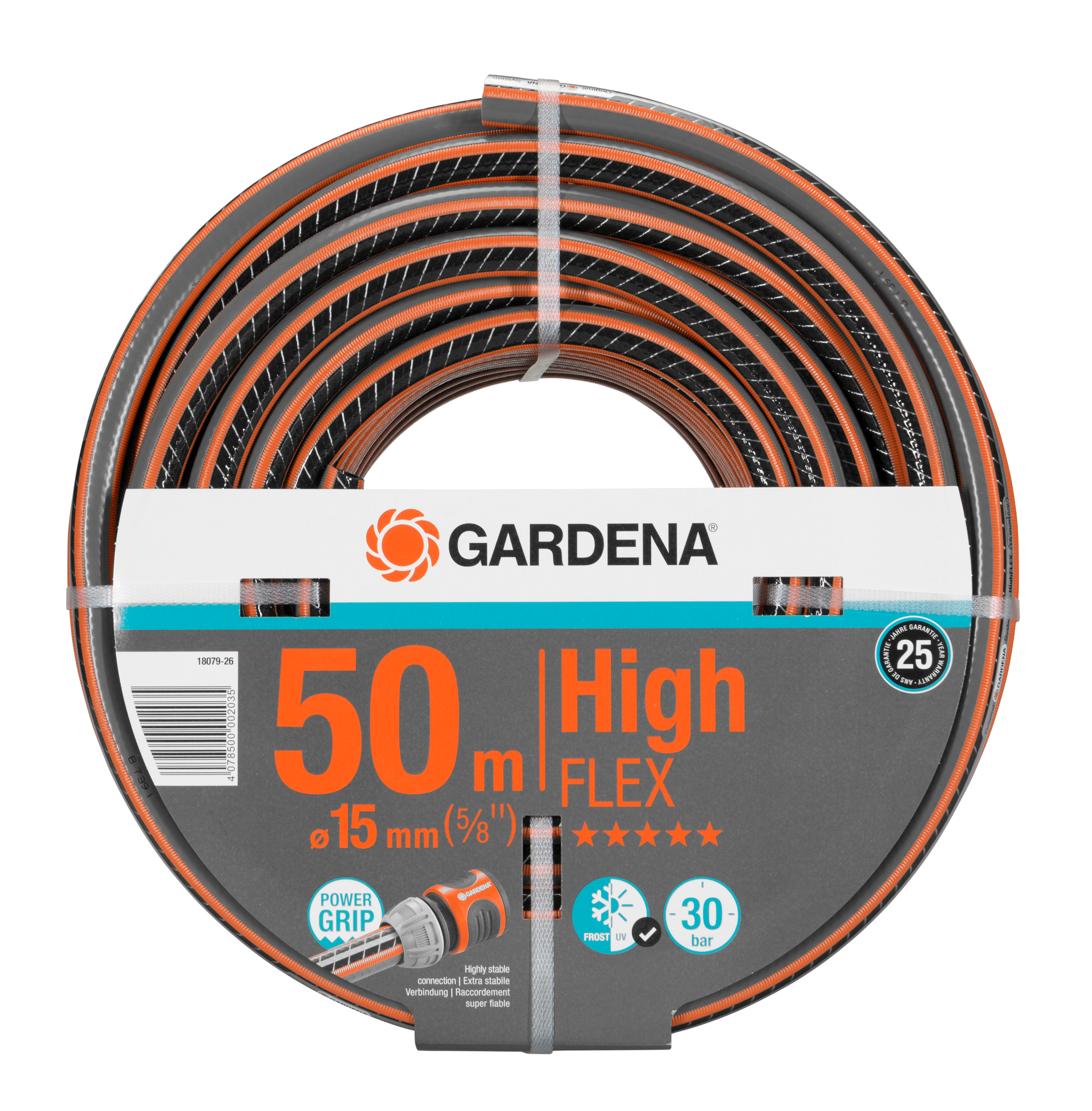 Front view of a Gardena High Flex garden hose, 50m length, with Power Grip feature.