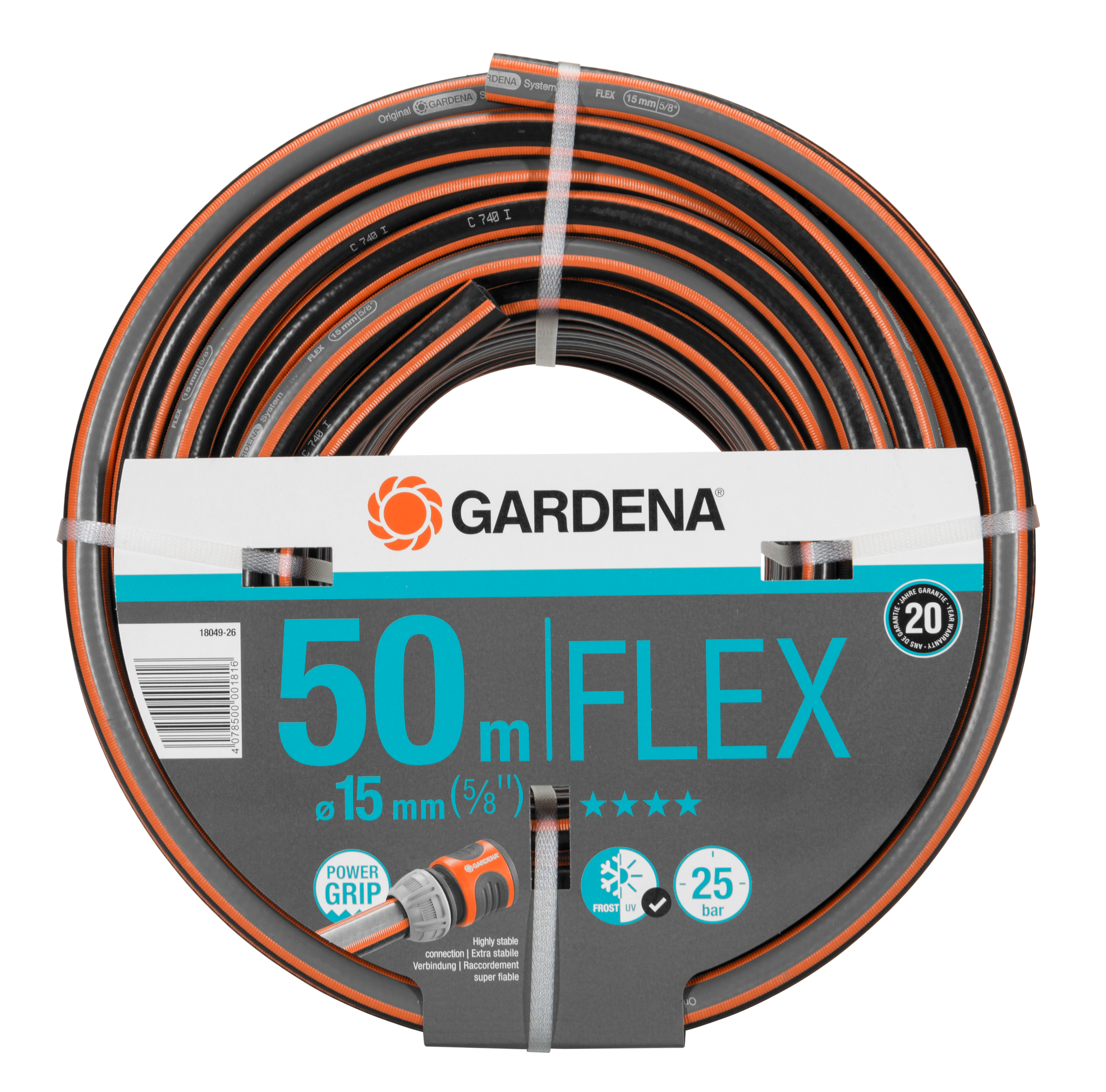 Front view of a Gardena Flex garden hose, 50m length, with Power Grip feature.