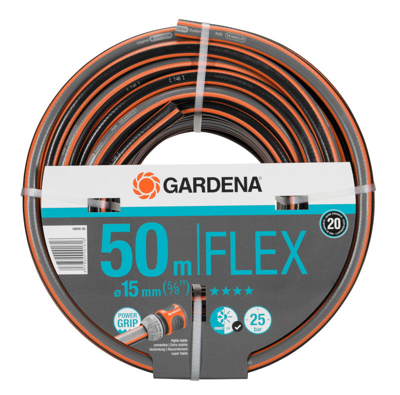 Front view of a Gardena Flex garden hose, 50m length, with Power Grip feature., Vijverslang bij Vijvercentrum