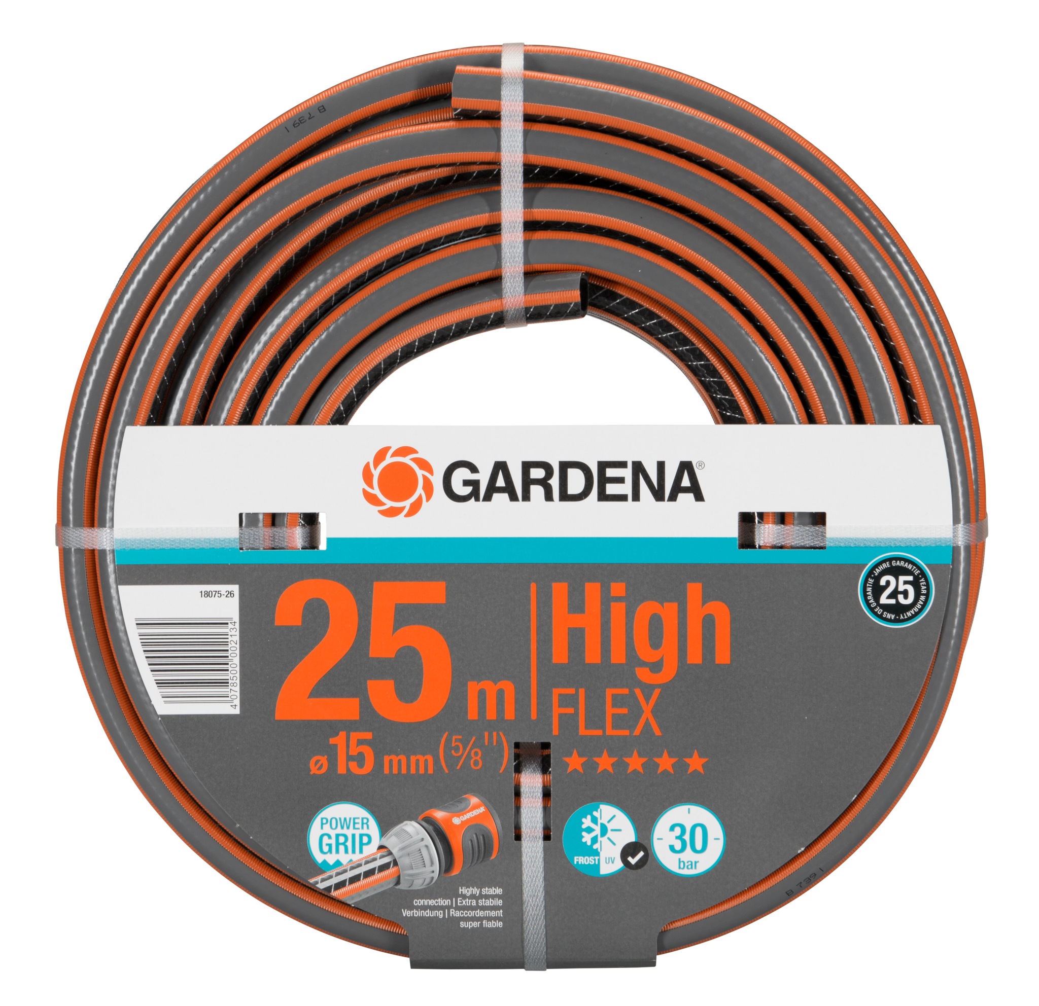 Front view of a Gardena High Flex garden hose with Power Grip technology, 25m length.