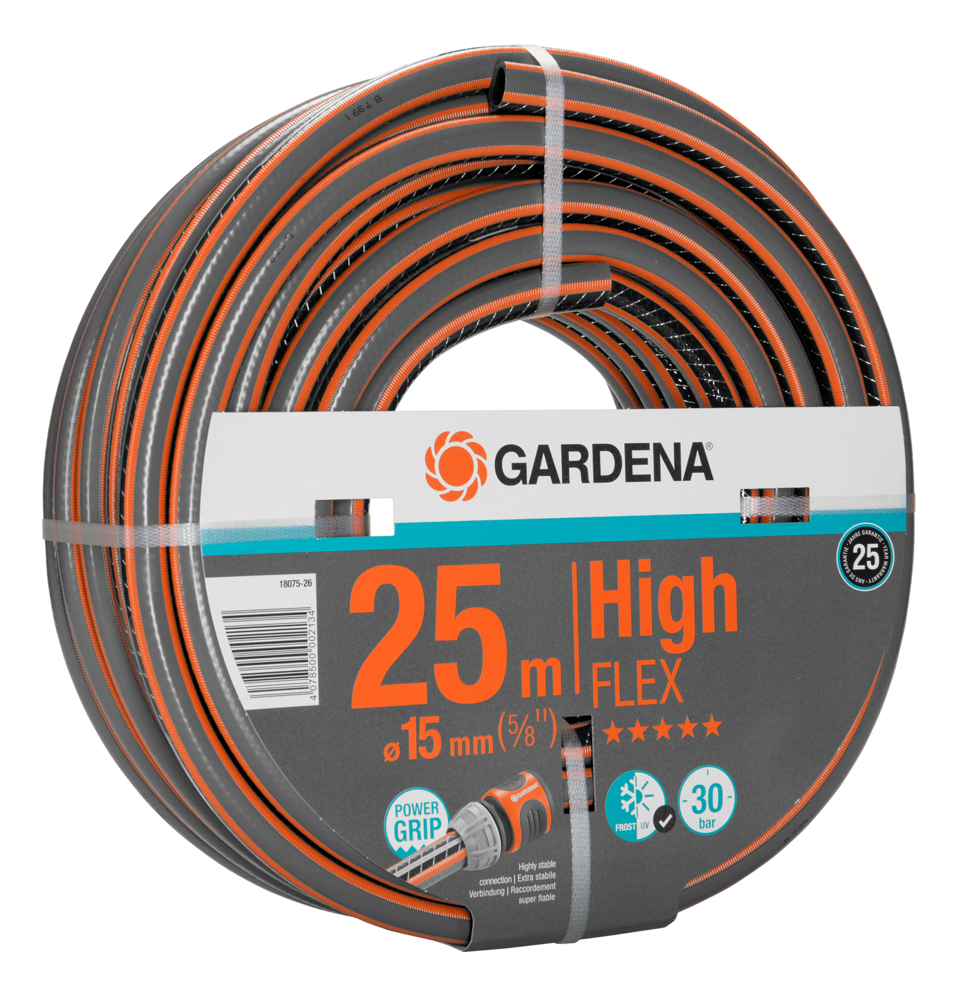 Front view of a Gardena High Flex garden hose, 25 meters long and 15mm in diameter.