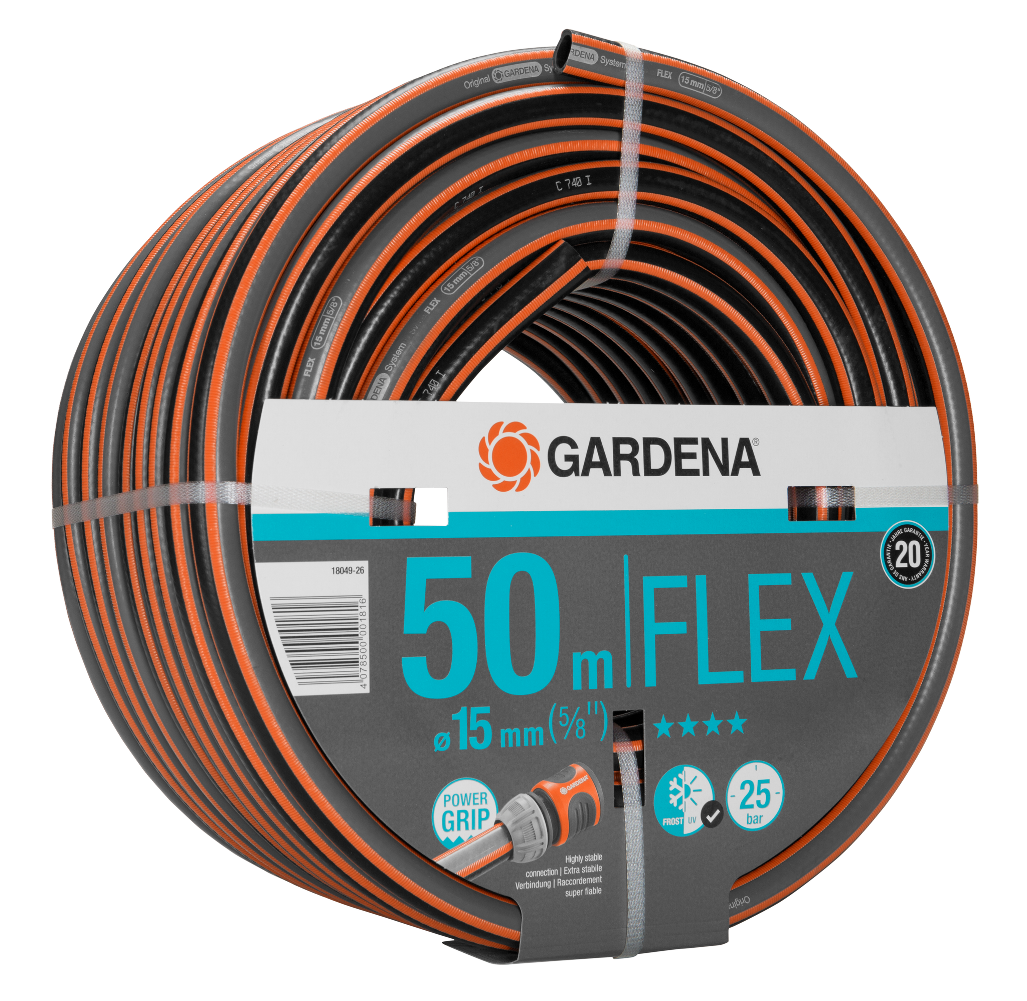 Gardena 50m Flex garden hose coiled with packaging label.