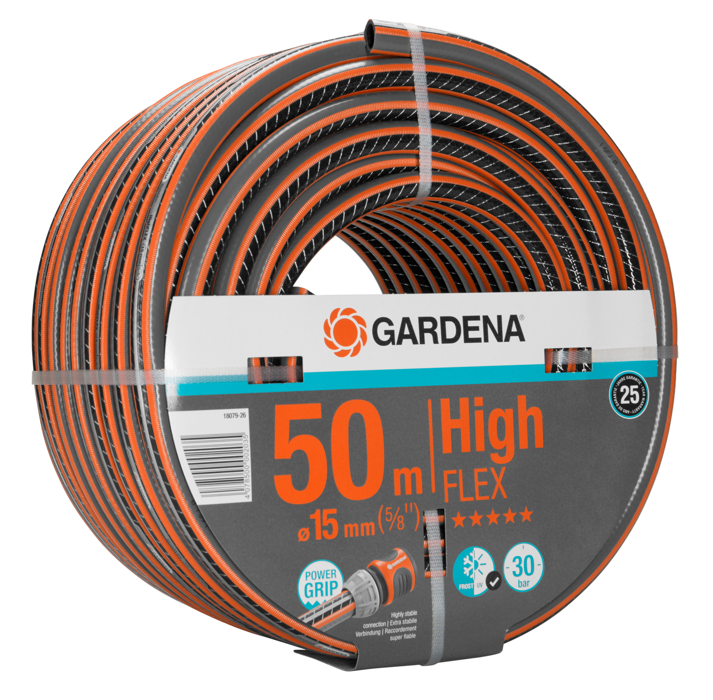 Front view of a Gardena High Flex garden hose, 50m length and 15mm diameter.