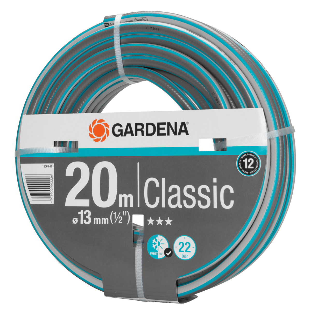 Front view of a Gardena 20-meter garden hose with specifications visible on the packaging.