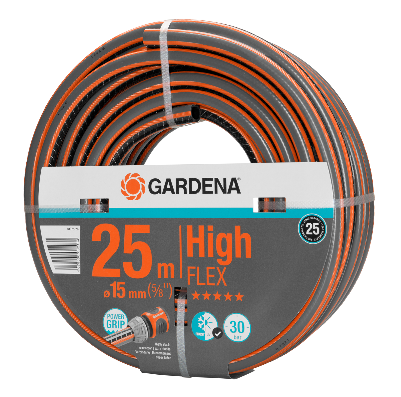 Front view of a Gardena High Flex garden hose, 25m length and 15mm diameter.