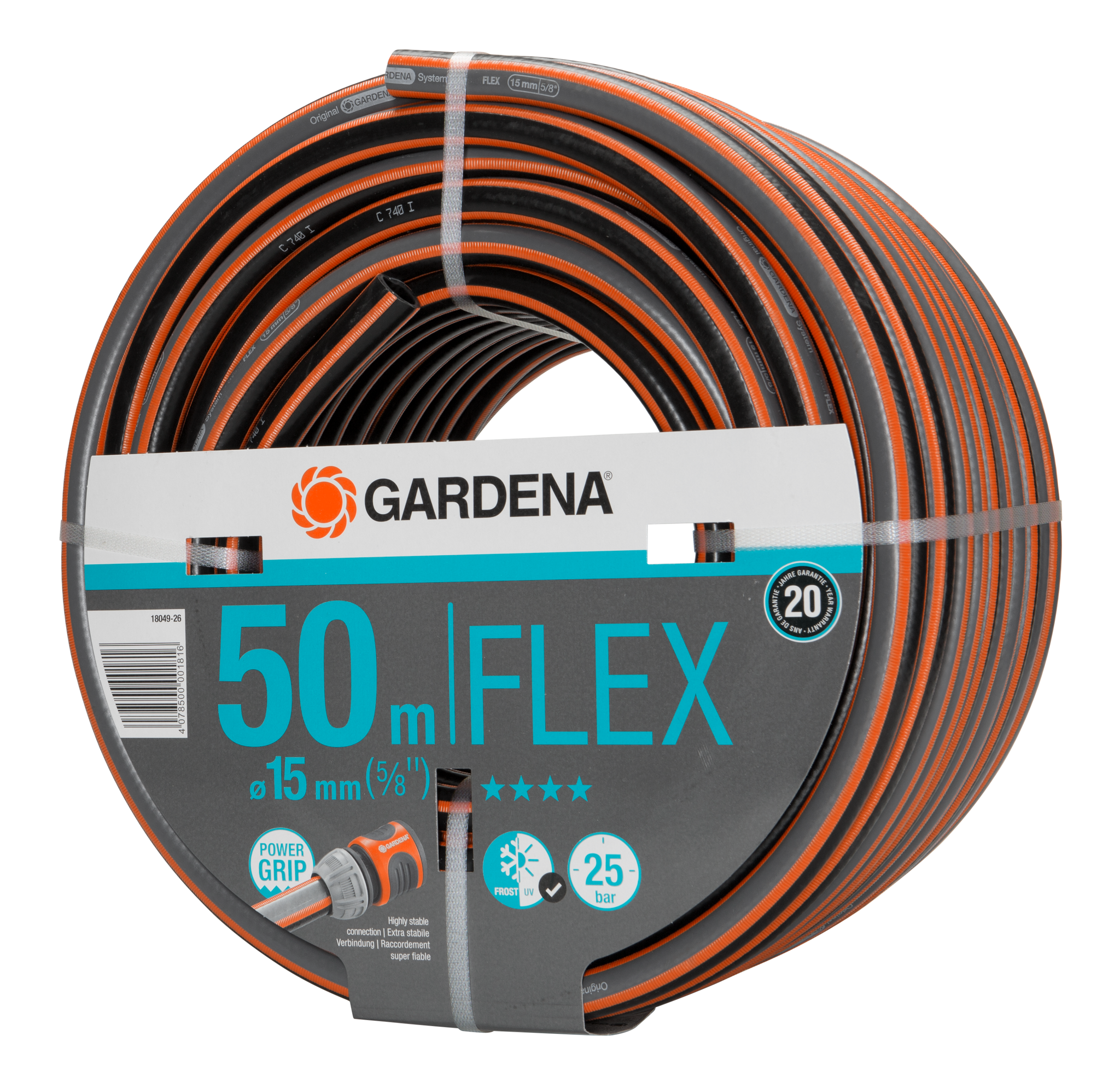 Front view of a Gardena 50m Flex garden hose with packaging details visible.