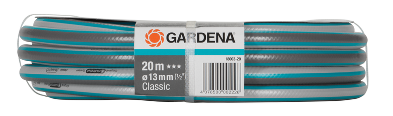 Front view of a Gardena garden hose with specifications visible on the label., afbeelding 4 Vijverslang