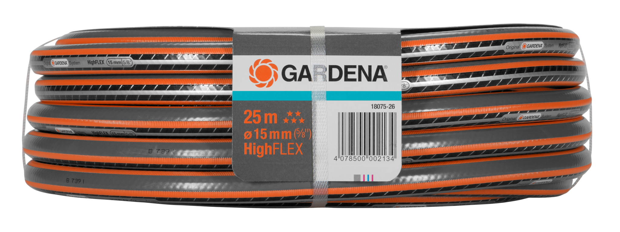 Front view of a Gardena HighFLEX garden hose, 25m length and 15mm diameter.