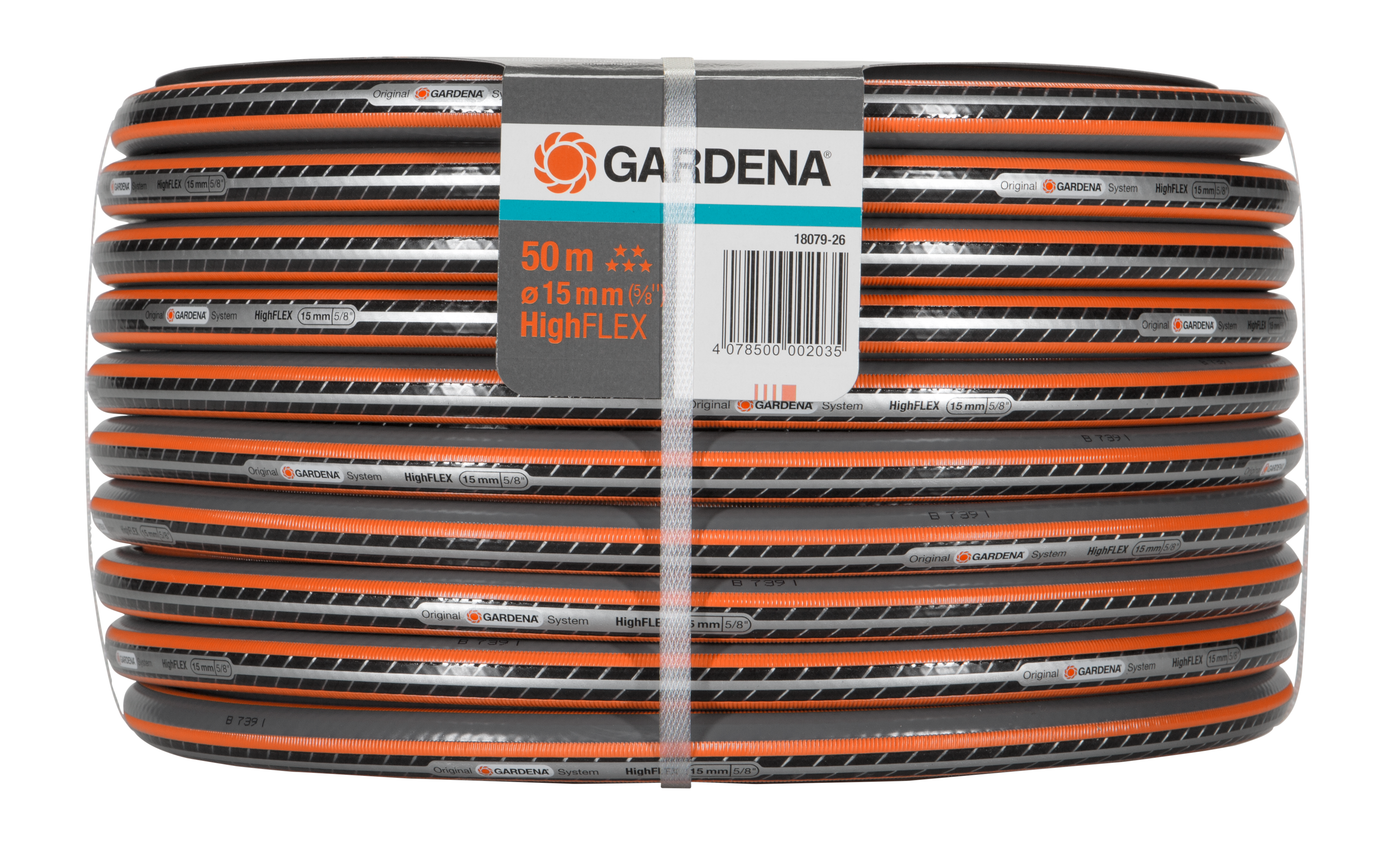 Front view of a Gardena HighFLEX garden hose, 50 meters long and 15mm in diameter.