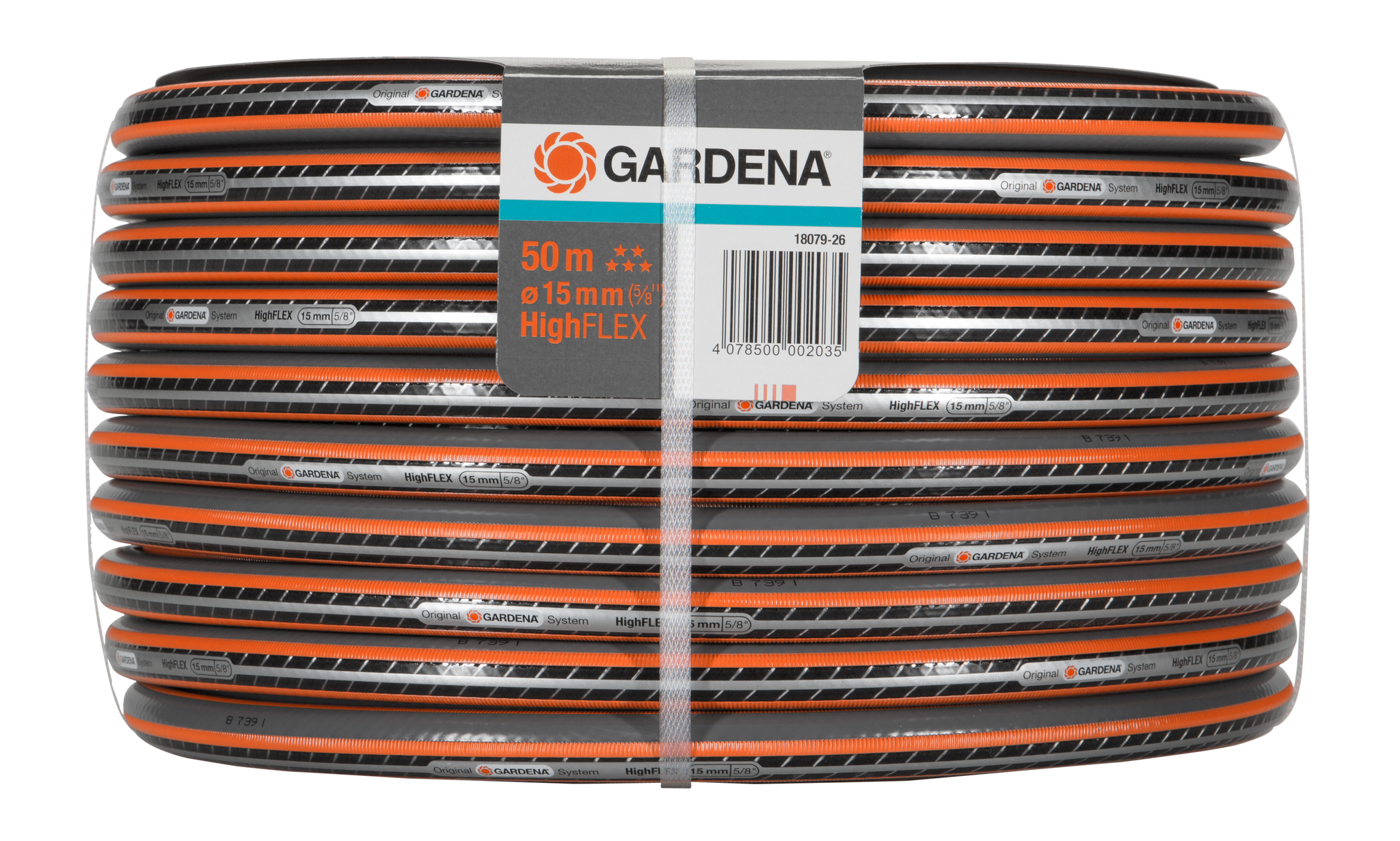 Front view of a Gardena HighFLEX garden hose, 50 meters long and 15mm in diameter.
