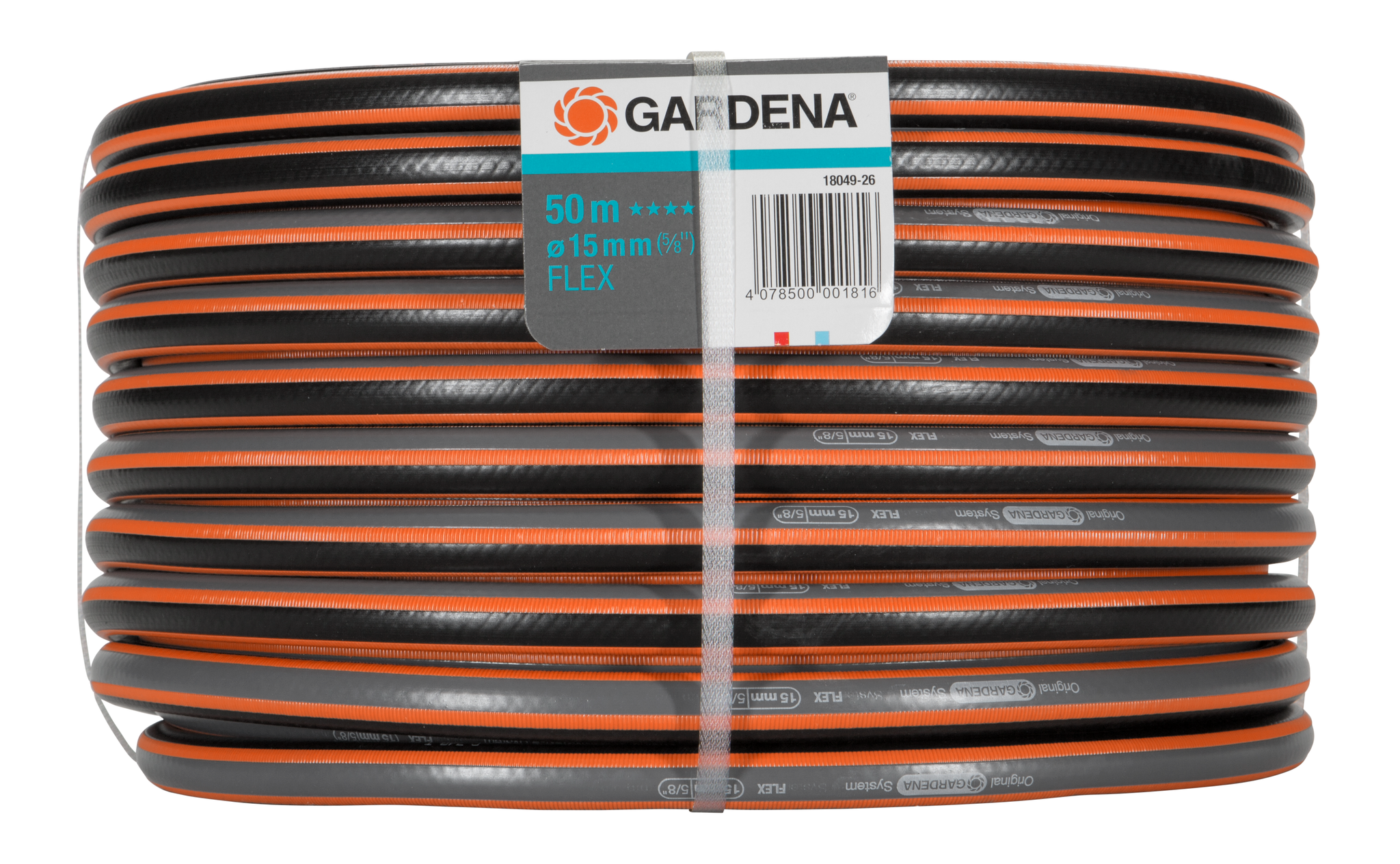 Coiled Gardena garden hose with product label indicating 50m length and 15mm diameter.