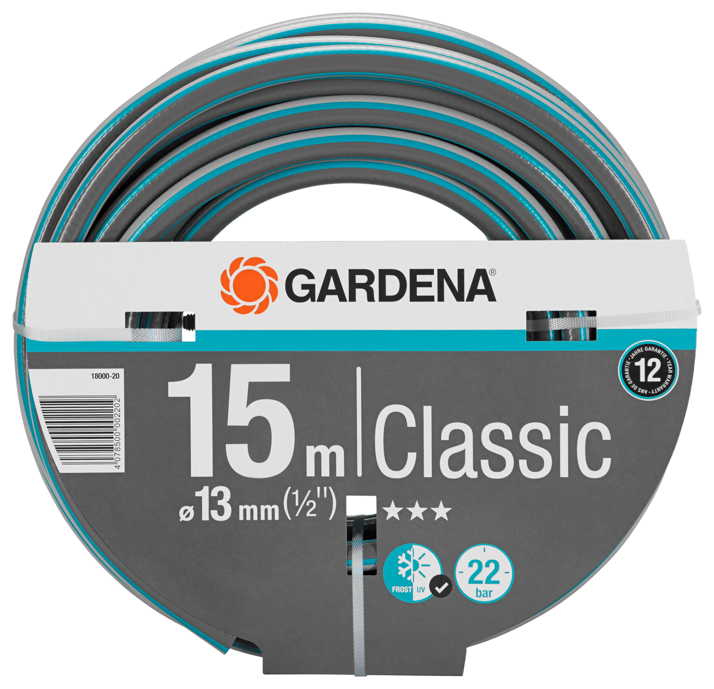 Front view of a Gardena Classic garden hose, 15 meters long, with packaging details visible.