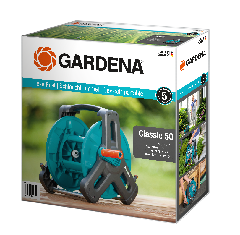 Gardena Classic 50 hose reel packaging showcasing product features and usage scenarios.