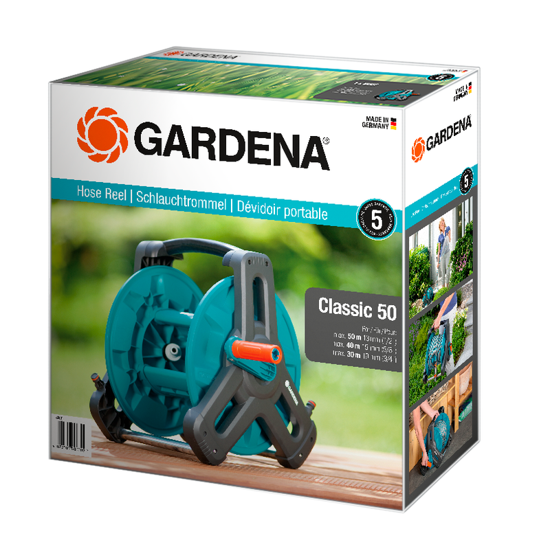 Gardena Classic 50 hose reel packaging showcasing product features and usage scenarios., afbeelding 3 Vijverslang