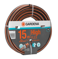Front view of a Gardena garden hose labeled 'High Flex' with specifications on the packaging., miniatuur 1