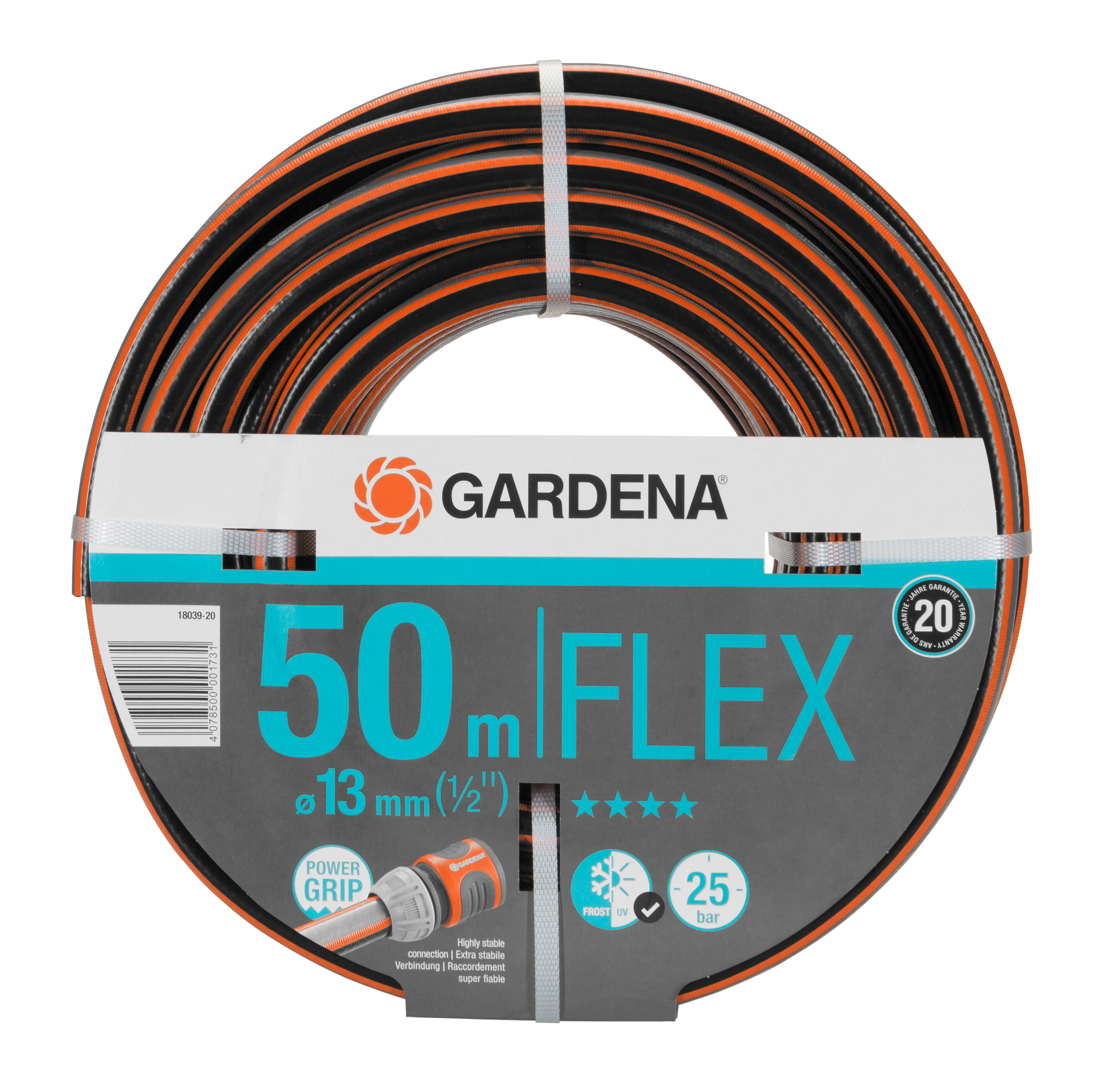 Front view of a Gardena 50m FLEX garden hose with Power Grip feature.