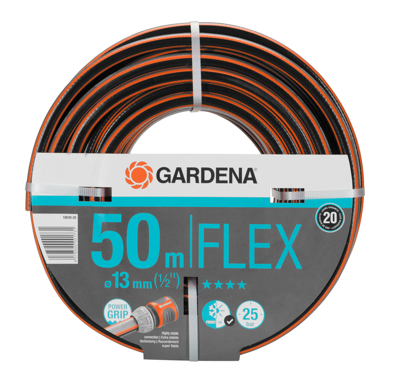 Front view of a Gardena 50m FLEX garden hose with Power Grip feature., afbeelding 3 Vijverslang