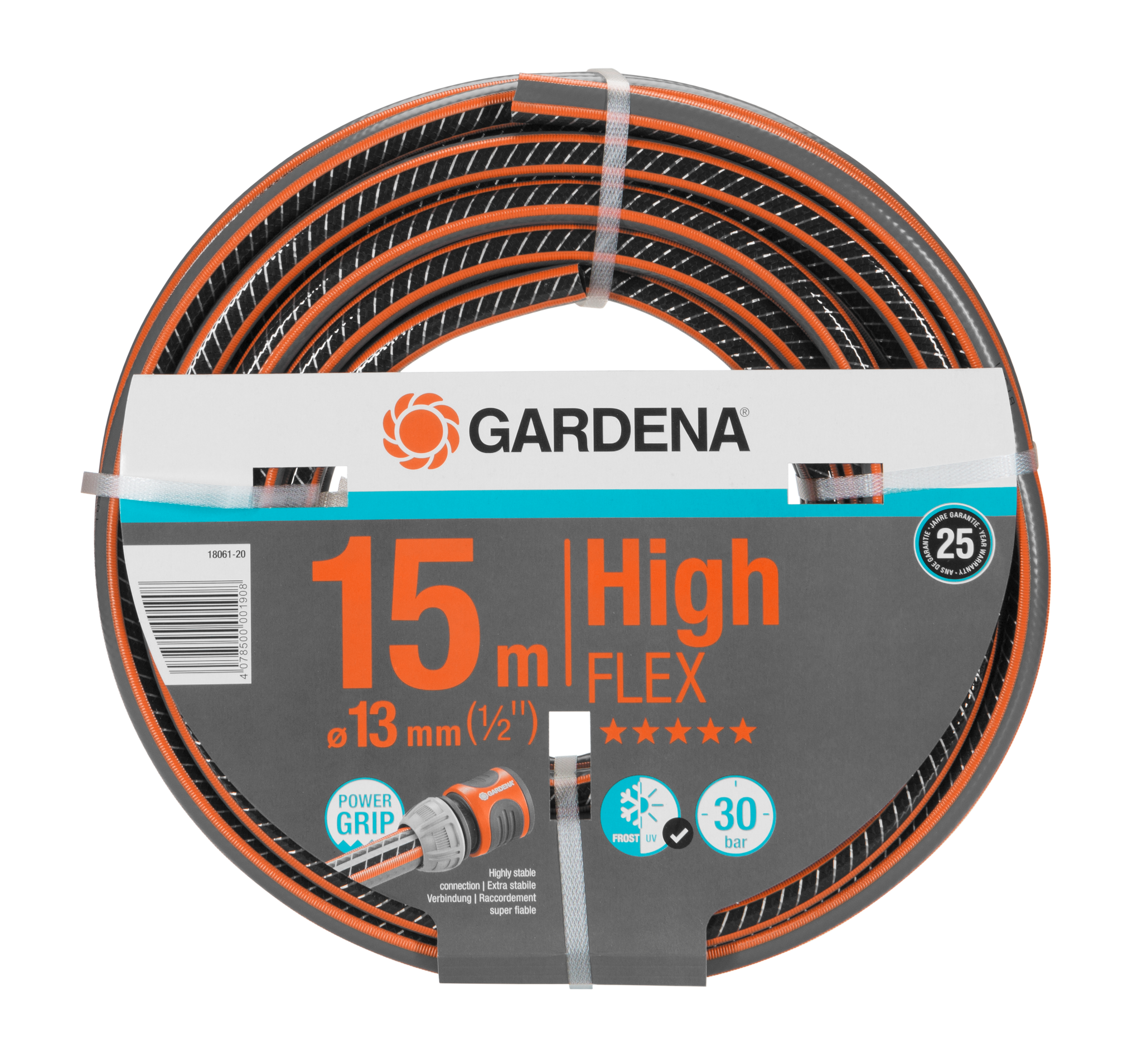 Front view of a Gardena High Flex garden hose, 15m length, with Power Grip technology.