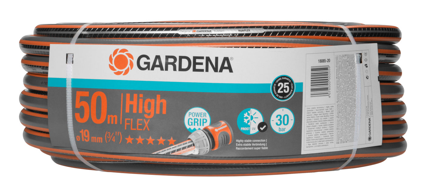 Gardena High Flex garden hose, 50m length, with Power Grip and 30 bar pressure rating.