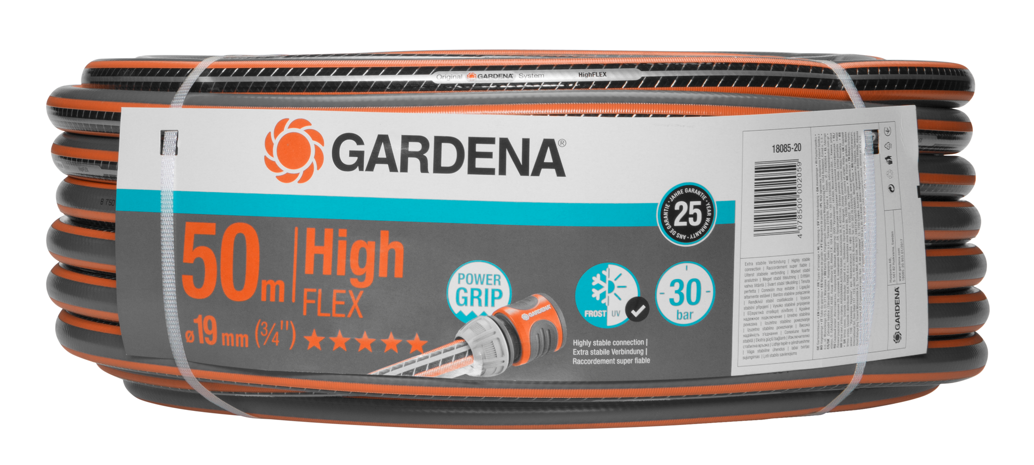 Gardena High Flex garden hose, 50m length, with Power Grip and 30 bar pressure rating.