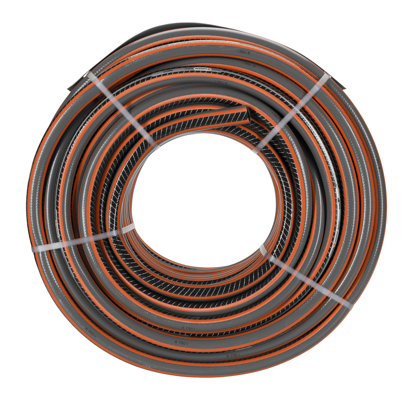Top view of a coiled garden hose with orange accents.