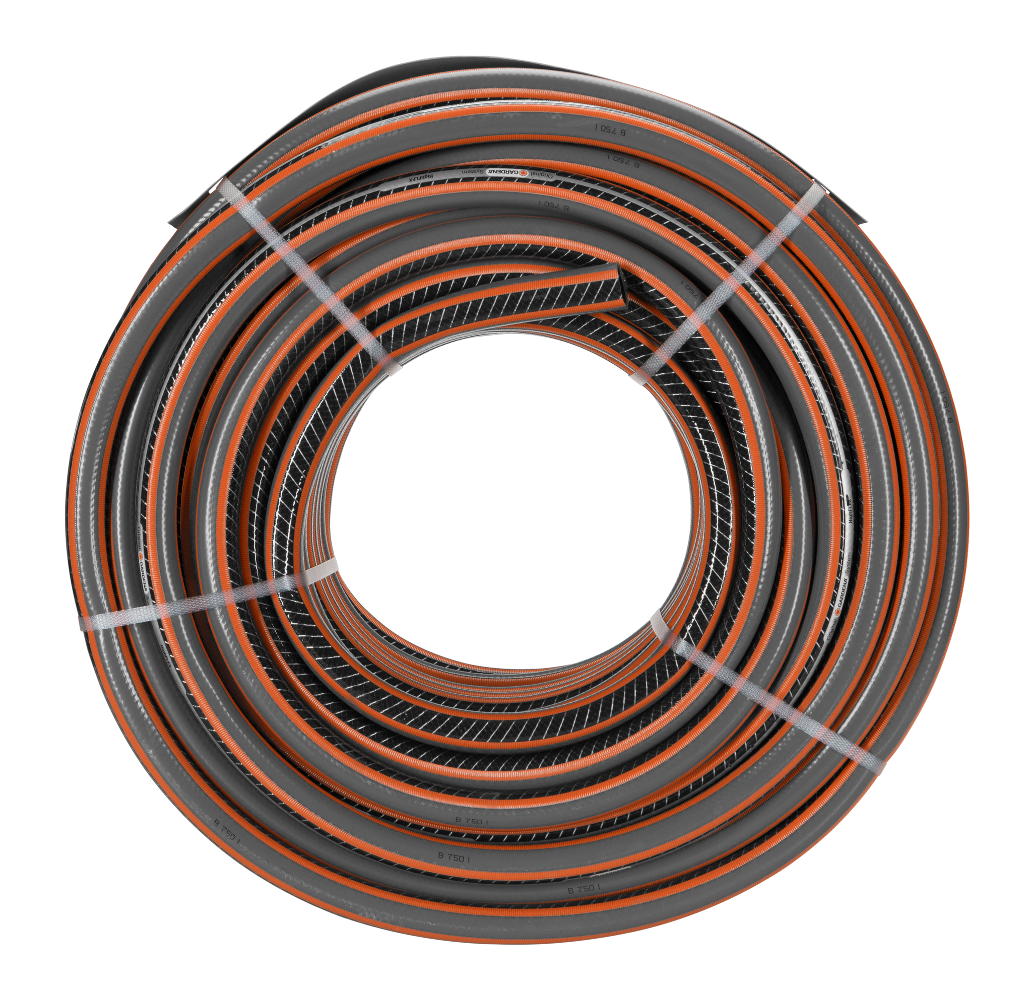 Top view of a coiled garden hose with orange accents.
