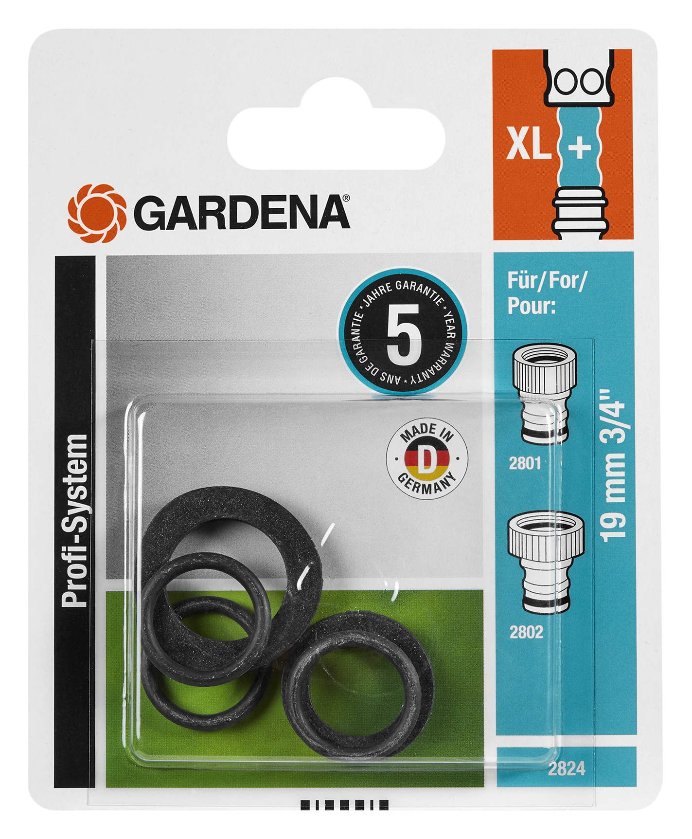 Gardena packaging displaying XL+ Profi System hose connectors and washers.