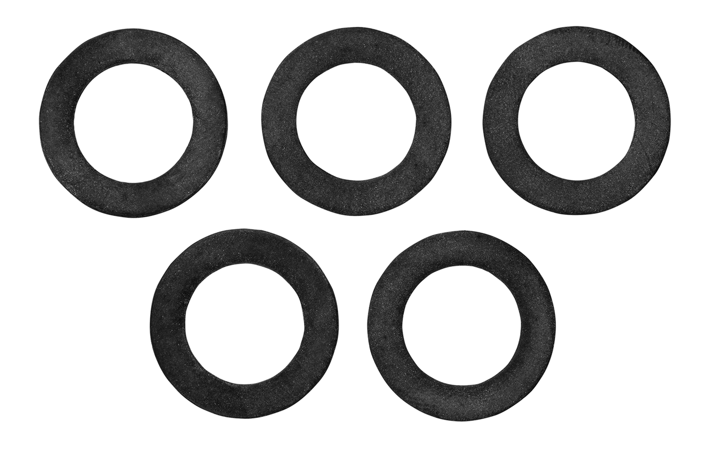 Top view of five black rubber washers arranged in a pattern.