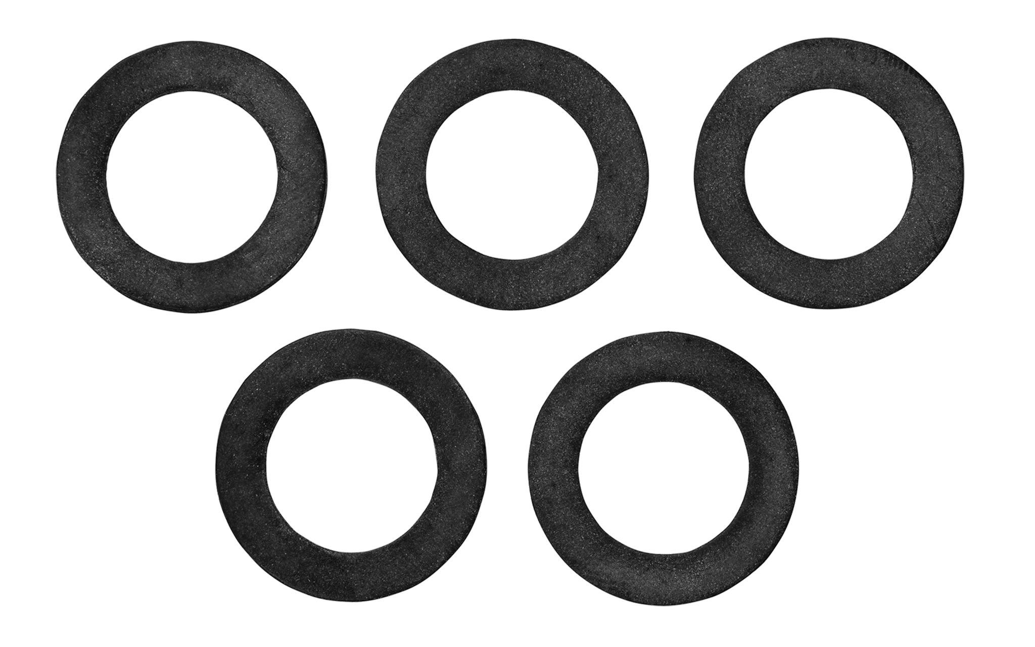 Top view of five black rubber washers arranged in a pattern.