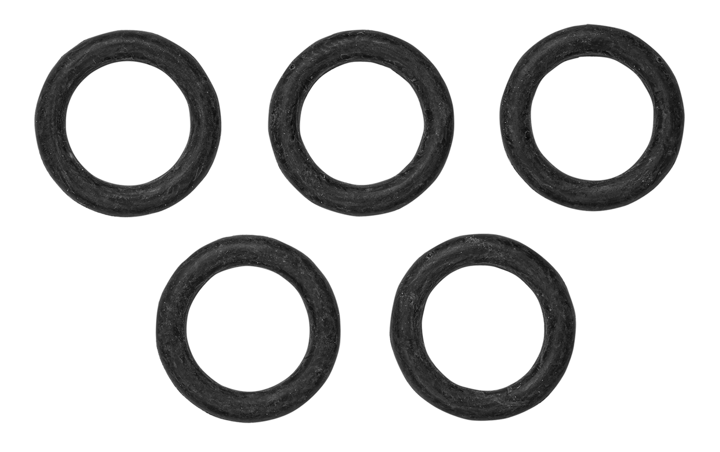 Top view of five black rubber O-rings arranged in a pattern.