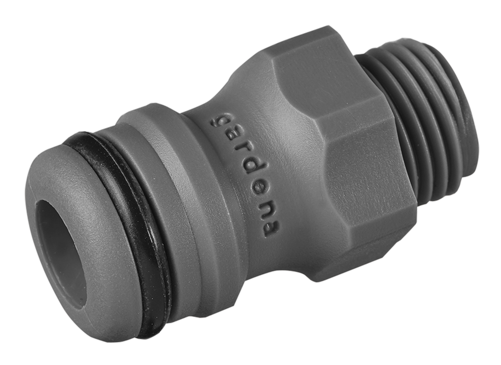 Close-up view of a Gardena hose connector with threading and rubber seal.