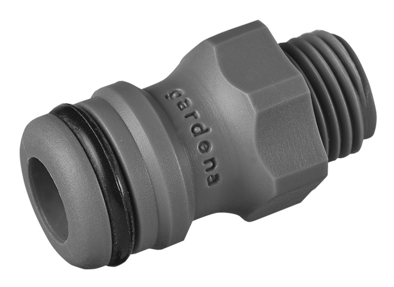 Close-up view of a Gardena hose connector with threading and rubber seal., detailaanzicht PVC Hulpstuk