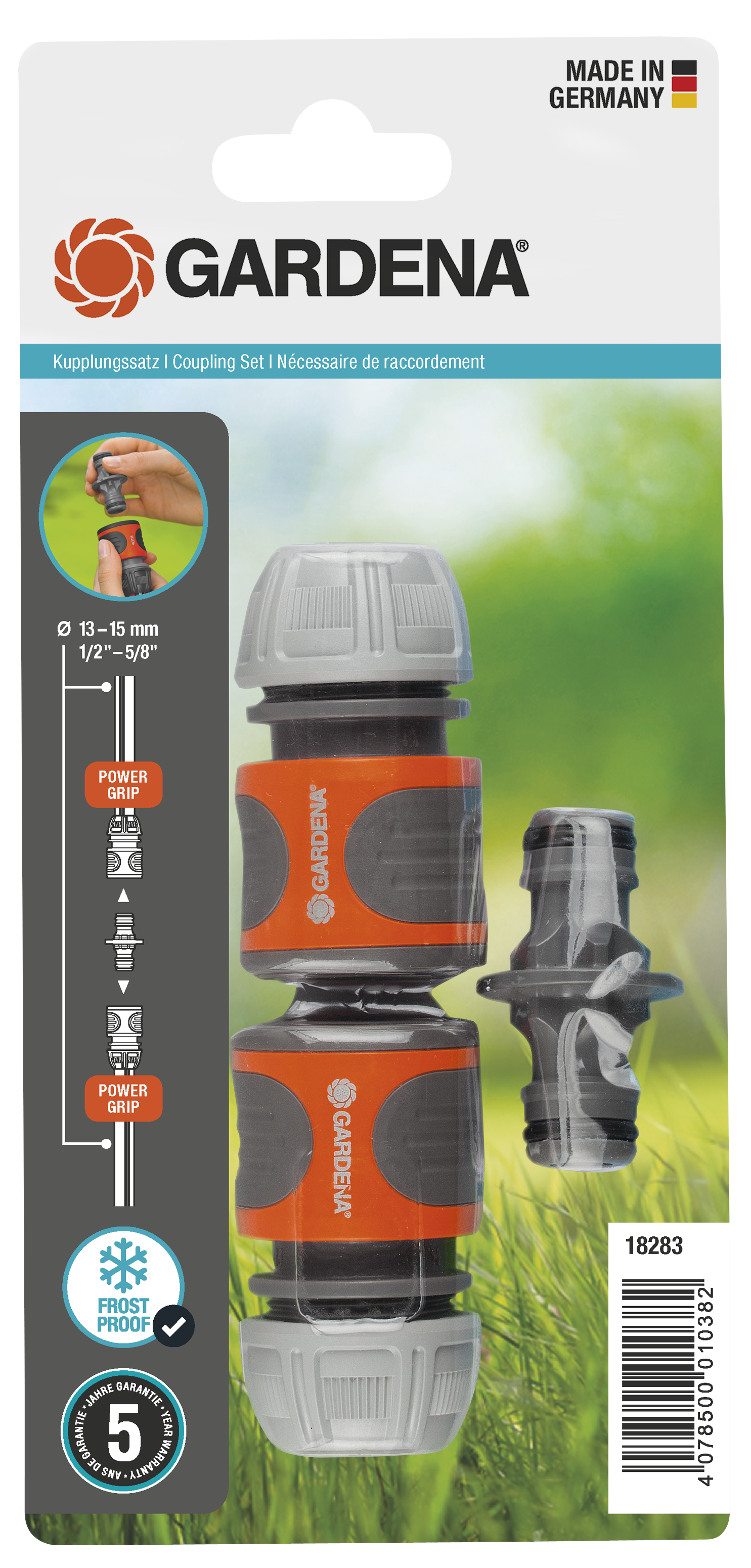 Gardena coupling set packaging showing hose connectors with frost protection feature.