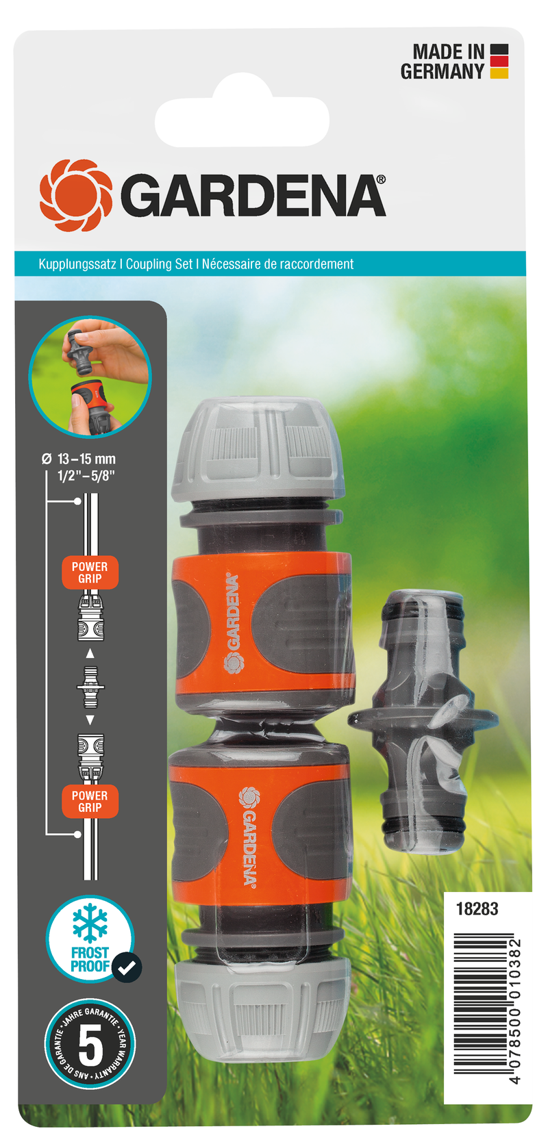 Gardena coupling set packaging showing hose connectors with frost protection feature., detailaanzicht Slangkoppeling