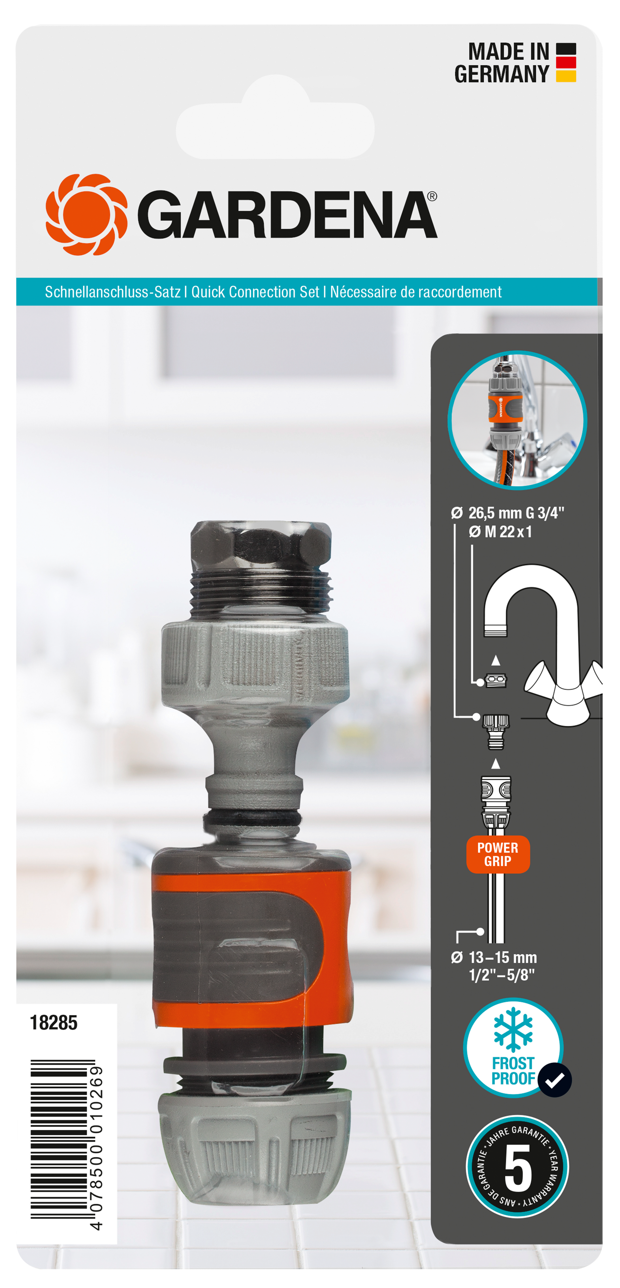 Gardena quick connection set packaging with frost-proof feature highlighted.