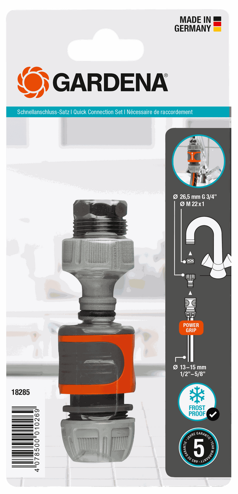 Gardena quick connection set packaging with frost-proof feature highlighted., detailaanzicht PVC Hulpstuk
