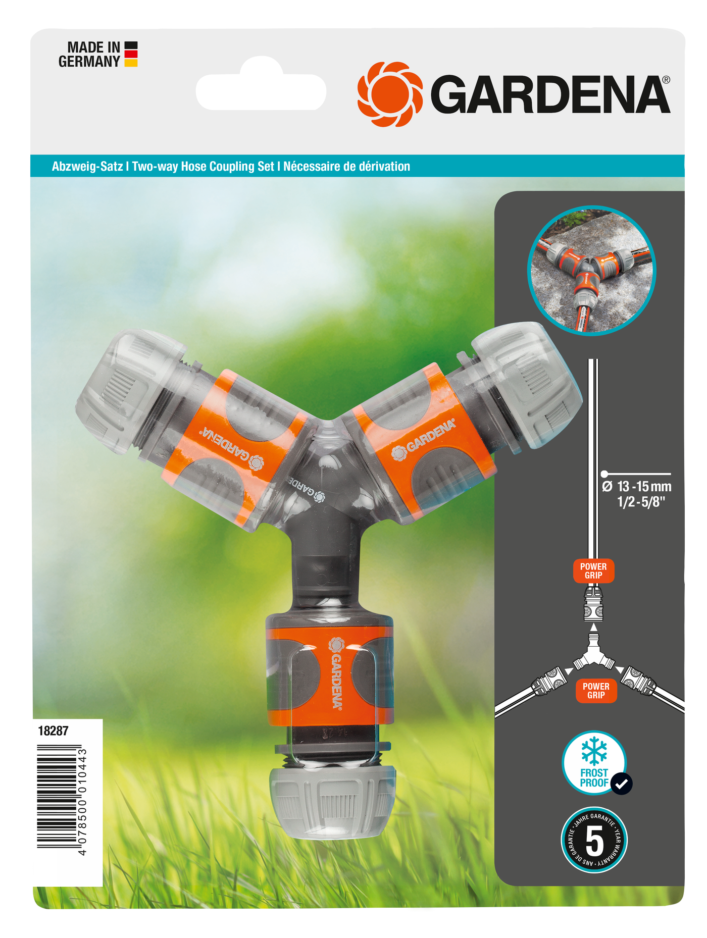 Gardena two-way hose coupling set packaging with product image and specifications.
