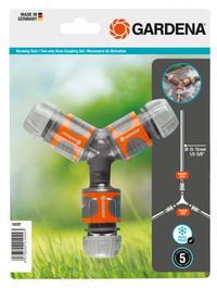 Gardena two-way hose coupling set packaging with product image and specifications., miniatuur 2