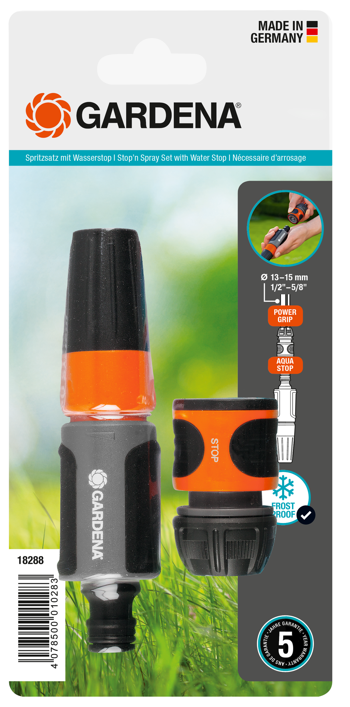 Gardena spray set with water stop feature, including nozzle and connector, packaged.