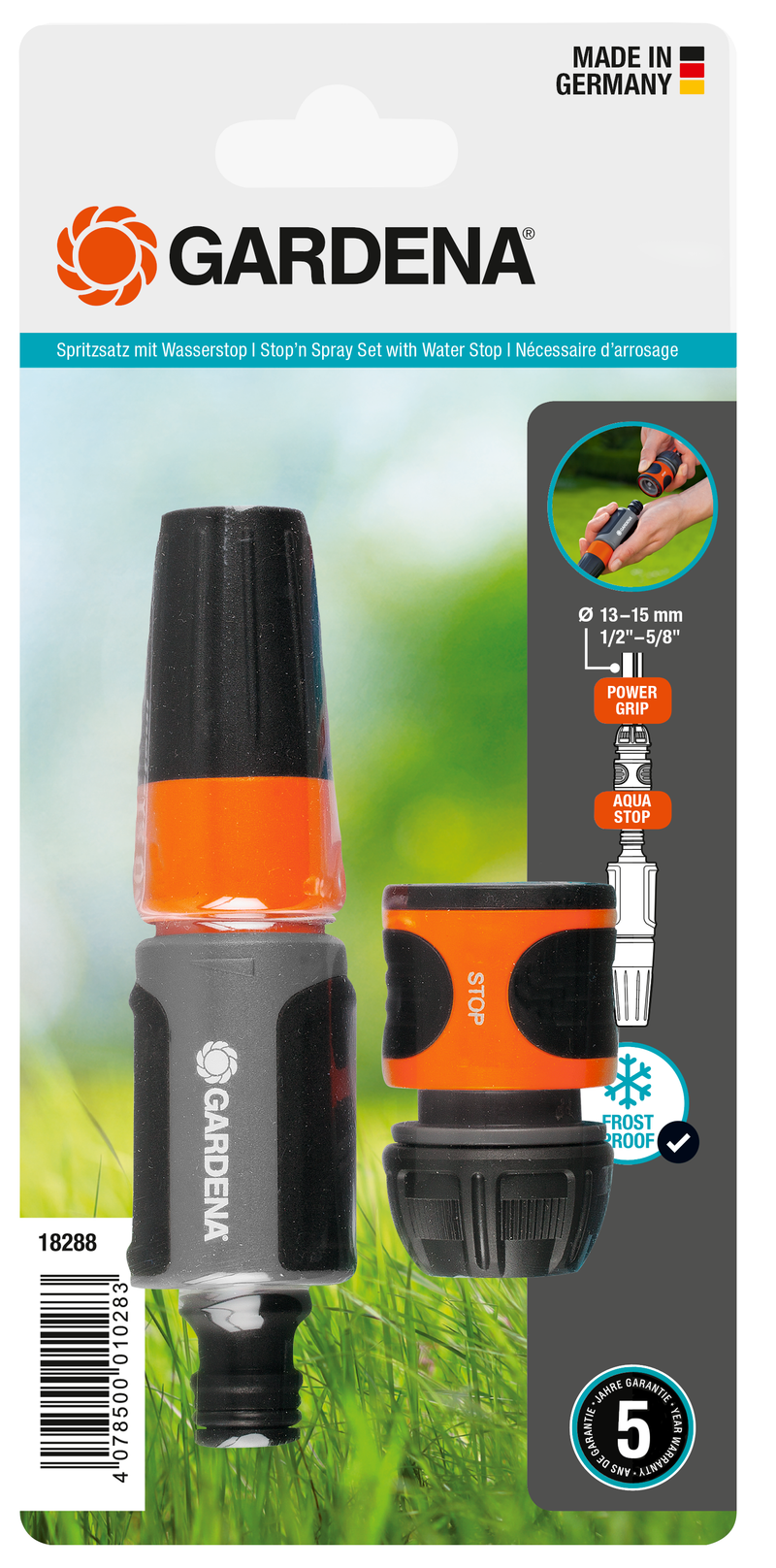 Gardena spray set with water stop feature, including nozzle and connector, packaged., Tuinspuitset bij Vijvercentrum