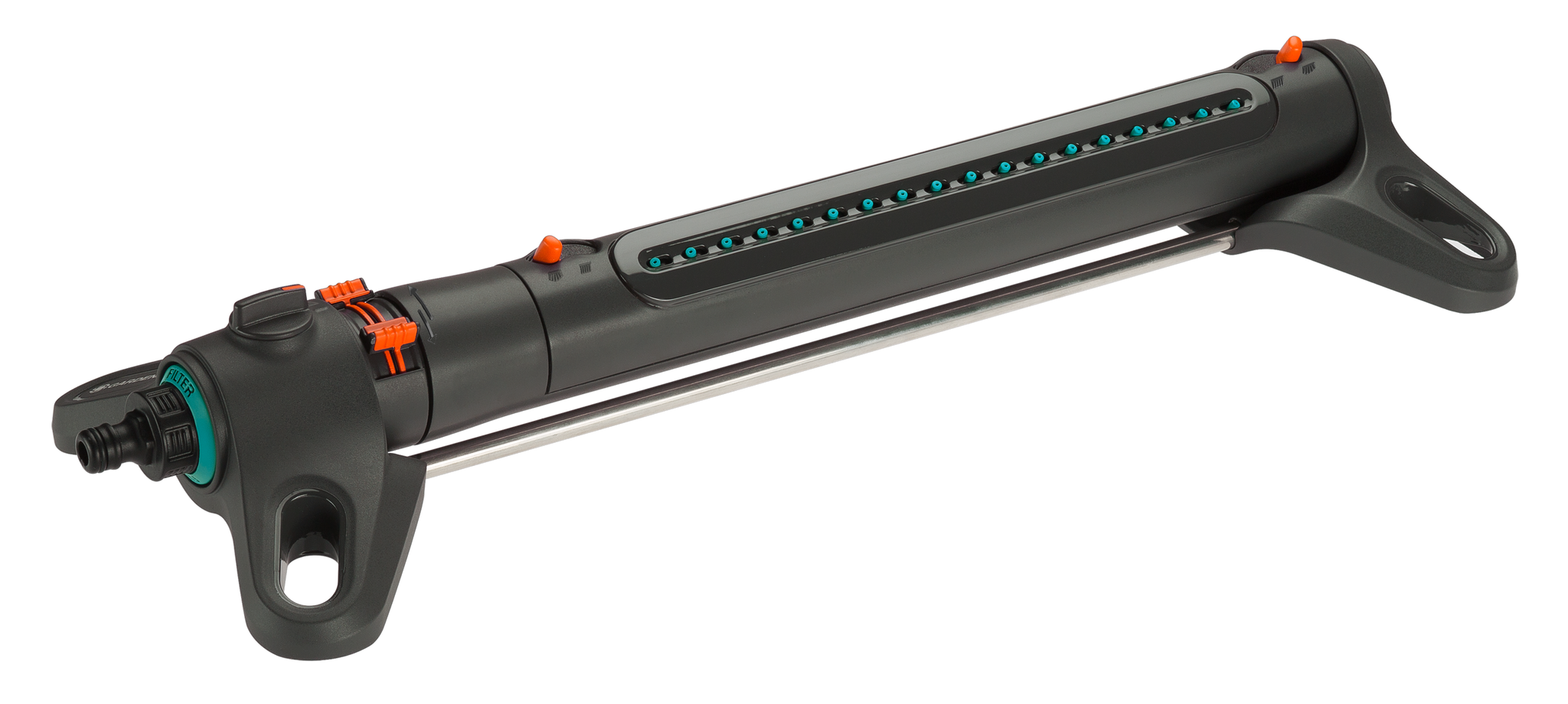 Side view of a Gardena oscillating sprinkler designed for garden irrigation.