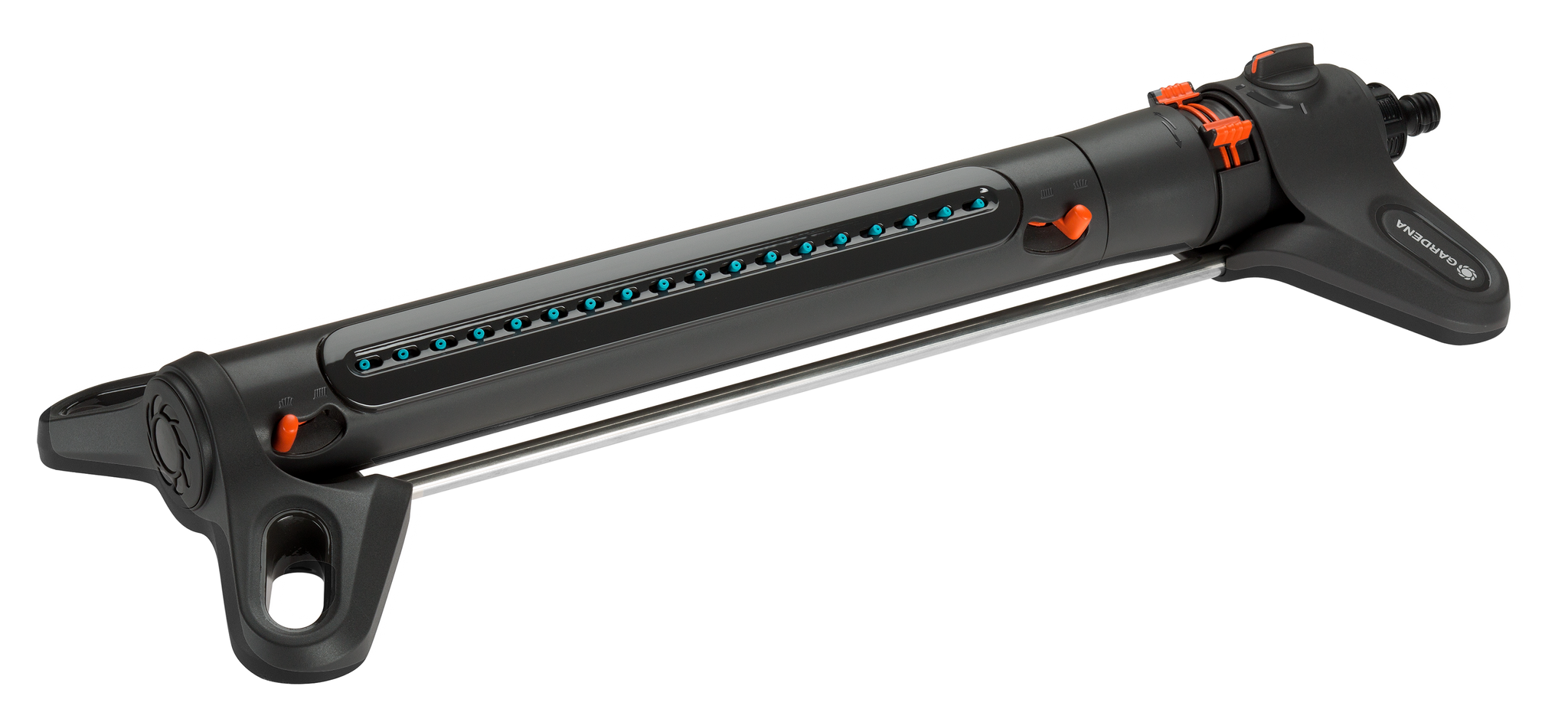 Side view of a Gardena oscillating sprinkler with adjustable settings.